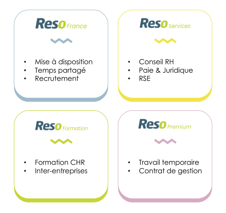 Schéma des filiales RESO Services, RESO Formation, RESO Premium & RESO France